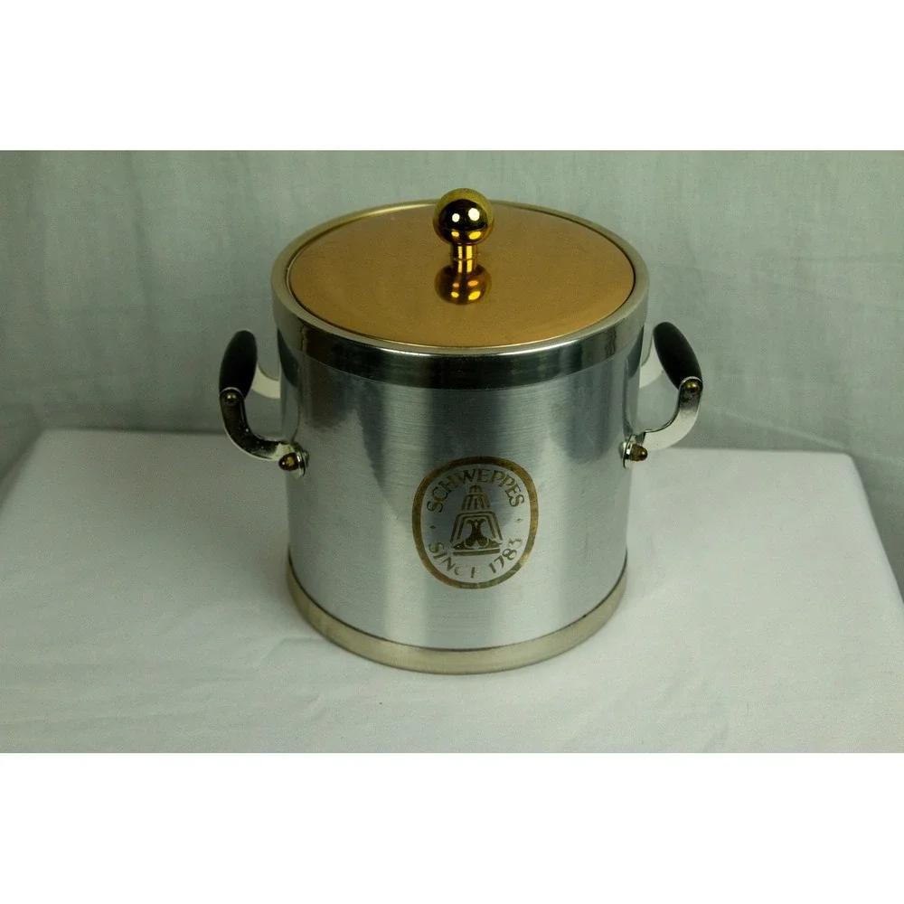 Vintage Kraftware NYC Schweppes Insulated Ice Bucket Aluminum Gold Tone Barware